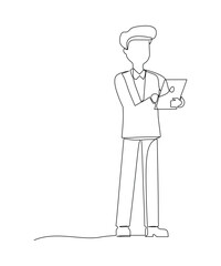 Wall Mural - Single continuous line drawing of young business man standing while holding tablet and thinking about business strategy at the office. Business idea concept one line draw design vector illustration