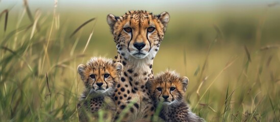 Wall Mural - Fierce Female Cheetah Protects Her Two Adorable Cubs in the Wild