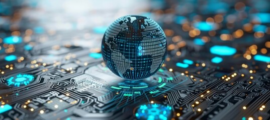 Aufkleber - Globe world over the microchip hardware. Modern network technology. Generative AI technology.