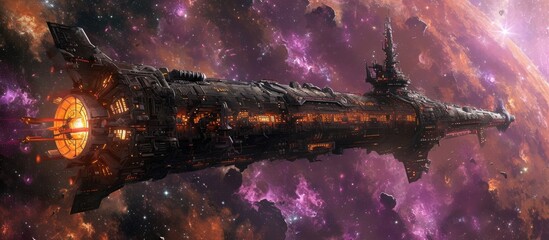 Poster - A massive spaceship with steampunk and cyberpunk elements launches from a far-off galaxy, leaving behind purple and orange wreckage as it ventures into the cosmos.