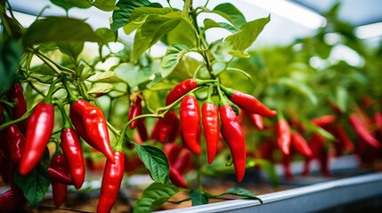 Wall Mural - ripe red hot pepper growing on a bush in a greenhouse. Organic agriculture concept. Generative AI