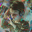 Child experiencing music through colorful visual distortion. Glitch effect portrait with dynamic light streaks on a light background. Sensory and auditory stimulation concept. Design for music educati