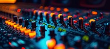 Colorful Music Audio Mixing Board In Closeup Of A Recording, Audio Track Background In A Dark Recording,  Industrial Machinery Aesthetics, Multimedia, Selective Focus, Brightly Colored