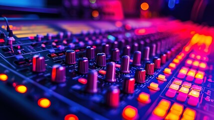 colorful music audio mixing board in closeup of a recording, audio track background in a dark recording,  industrial machinery aesthetics, multimedia, selective focus, brightly colored