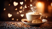 Still Life Of A Cup Of Coffee With Steamed Milk And A Cake, With Hearts Floating Around It.