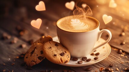 Wall Mural - Still life of a cup of coffee with steamed milk and a cake, with hearts floating around it.