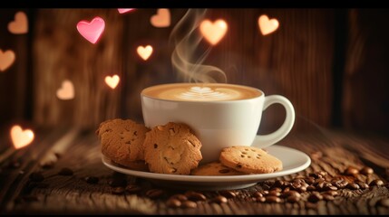 Wall Mural - Still life of a cup of coffee with steamed milk and a cake, with hearts floating around it.