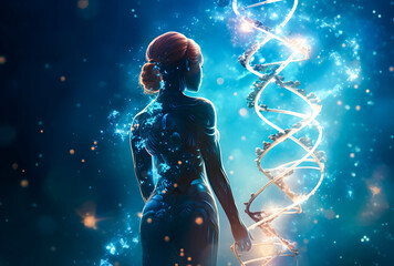 Wall Mural - Illustration young woman with DNA structure molecule on color background