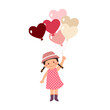 Cartoon little girl holding bunch of heart shaped balloons. Valentines Day concept.
