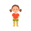 Cartoon little girl with red heart. Valentines Day concept.