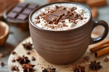 Delicious natural cocoa drink with chocolate in a mug on the table. A source of vitamins and energy