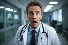 Gray Haired Mature Doctor With A Stethoscope In The Hospital Hall With His Mouth Open, Scared Or Surprised. Panic Emotions