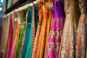 Hanging beautiful indian dresses different colors and decoration at market, shop, boutique, bazaar, fashion clothes designer collection