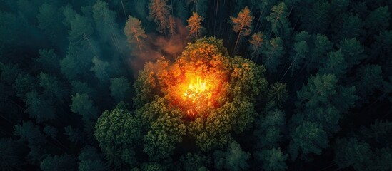 Sticker - A tree on fire seen from above in a forest.