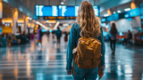 Fototapeta  - Young girl with a tourist backpack at the airport. selective focus. Generative AI,