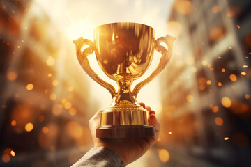 man holding up a gold trophy cup with abstract shiny background, copy space for text