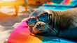 Close-up of a funny sea lion with glasses resting on a sun lounger, bright sunlight, vacation and travel invitation to resort