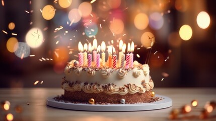 Wall Mural - Exquisite birthday cake with lit candles against a background of festive lights - celebration and happiness concept