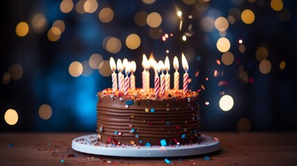 Wall Mural - Exquisite birthday cake with lit candles against a background of festive lights - celebration and happiness concept