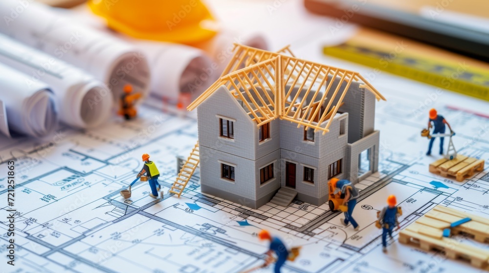 Constructing a house based on blueprints, involving construction ...