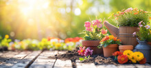 Gardening Background With Yellow Boots And Flowerpots In Spring Or Summer Garden