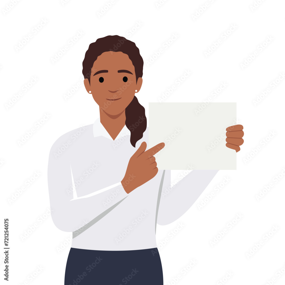 Girl holding displaying white blank board and pointing finger. Happy ...