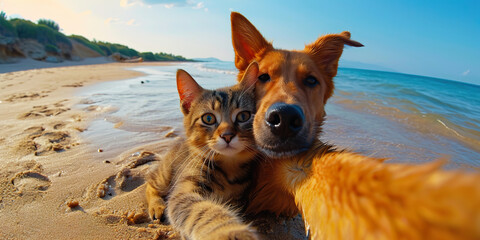 Wall Mural - Dog taking selfie with cat friend