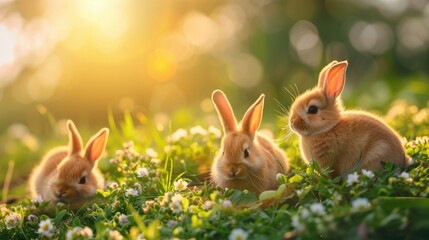 Wall Mural - Cute little easter bunnies on green grass at sunset