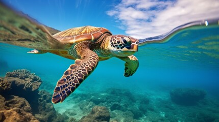 Wall Mural - A Hawaiian green sea turtle swims on the surface of the Pacific Ocean in Hawaii. Marine life, wildlife concepts.
