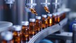 Medical Vials and Vaccines on Precision Production Line. Laboratory machines choreograph the creation of chemical glass bottles, leading the charge in scientific progress. Generative AI