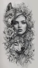 Poster - A drawing of a woman and two wolfs