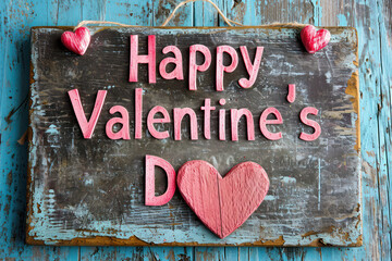 Wall Mural - Romantic Valentine's Day Love: A Happy Red Heart on a Wooden Background