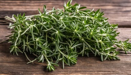 Poster - A bunch of green herbs on a wooden table