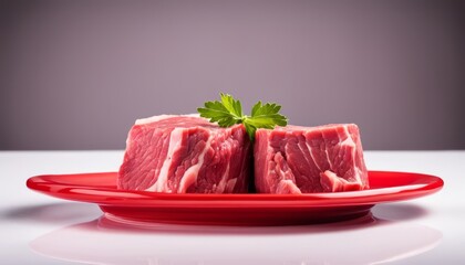 A red plate with two pieces of raw meat and a green herb on top