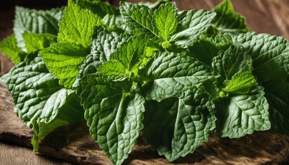 Poster - A bunch of green leaves on a wooden table