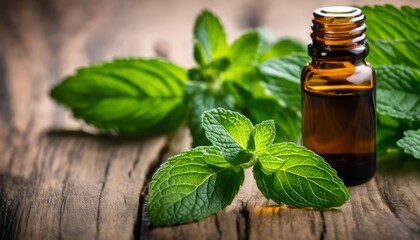 Poster - A bottle of mint oil with a green leaf on top