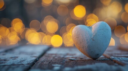 Canvas Print - A heart shaped rock sitting on a wooden table with bokeh lights in the background, AI