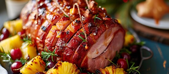 Wall Mural - Delicious Baked Christmas Ham with Pineapple and Cherries: A Festive Treat with a Burst of Sweetness