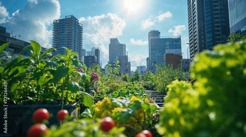 Lush rooftop garden with ripe tomatoes and diverse plants flourishing ...