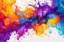 Vibrant Explosion Of Colours In Abstract Paint Splash: A Bright Blue And White Motion Effect With Red Ink Blot And Purple Smoke.