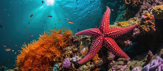 Wall Mural - In Raja Ampat, a remote region known for its rich marine life, a deep red starfish clings to a coral reef.