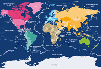 Wall Mural - tectonic plates on earth's surface. world map with names of countries. vector illustration