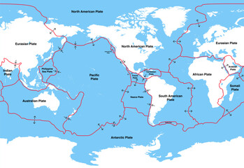 Wall Mural - tectonic plates on earth's surface, centered by america continent. vector illustration