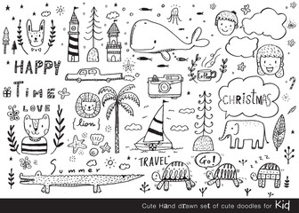 Vector illustration of Doodle cute for kid, Hand drawn set of cute doodles for decoration,Funny Doodle Hand Drawn, Summer, Doodle set of objects from a child's life,Cute animal
