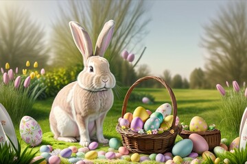 Small ,baby rabbit in easter basket with fluffy fur and easter eggs in the fresh,green spring landscape. Ideal as an easter card or greeting card or wallpaper.