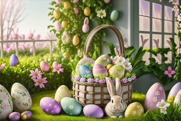 Small ,baby rabbit in easter basket with fluffy fur and easter eggs in the fresh,green spring landscape. Ideal as an easter card or greeting card or wallpaper.