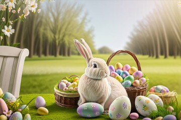 Small ,baby rabbit in easter basket with fluffy fur and easter eggs in the fresh,green spring landscape. Ideal as an easter card or greeting card or wallpaper.