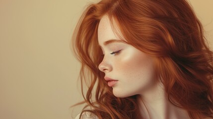 beautiful red hair young woman, studio shot, pastel beige background, commercial photography, luscious hair, copy space