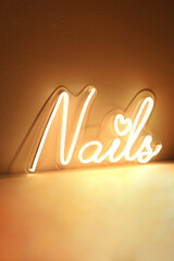 Wall Mural - White neon sign nails. Trendy style. Beauty style.  Neon sign. Custom neon. Beauty decor.