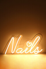 Wall Mural - White neon sign nails. Trendy style. Beauty style.  Neon sign. Custom neon. Beauty decor.